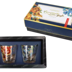 pudełko i dwie szklanki z obrazami van gogha Słoneczniki i Irysy