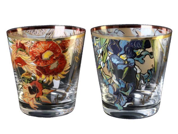 dwie szklanki z obrazami van gogha Słoneczniki i Irysy